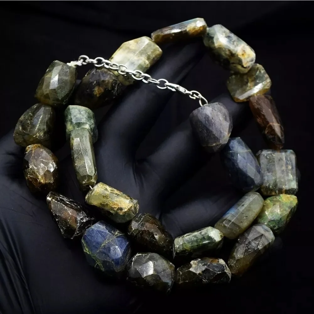 Faceted Agate Prehnite 734 Cts Beaded Natural Gemstone Necklace Unisex Crystal